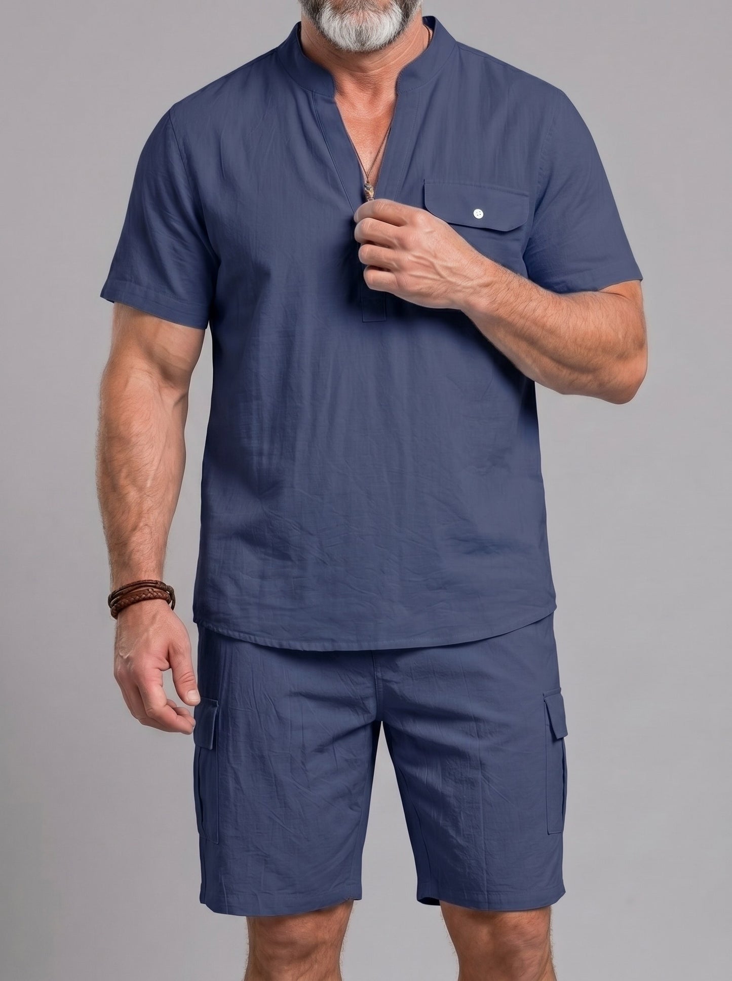 KZZ Men's Casual Short-Sleeve Stand-Collar Shirt and Shorts