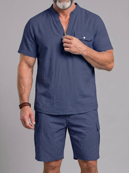 KZZ Men's Casual Short-Sleeve Stand-Collar Shirt and Shorts