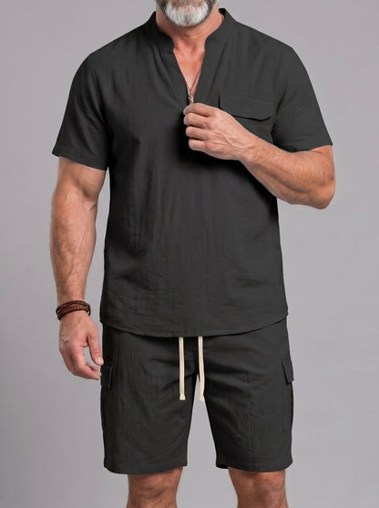 KZZ Men's Casual Short-Sleeve Stand-Collar Shirt and Shorts