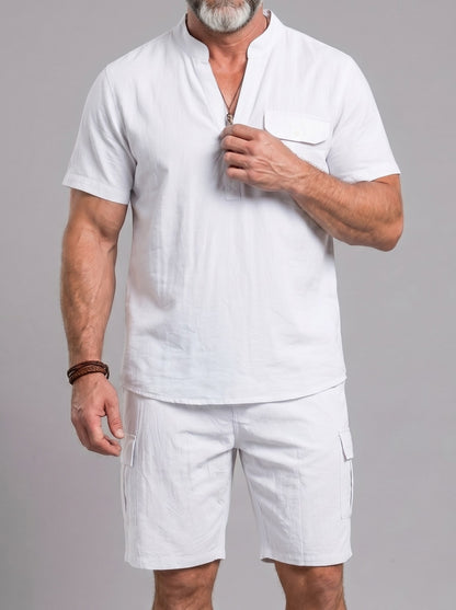 KZZ Men's Casual Short-Sleeve Stand-Collar Shirt and Shorts