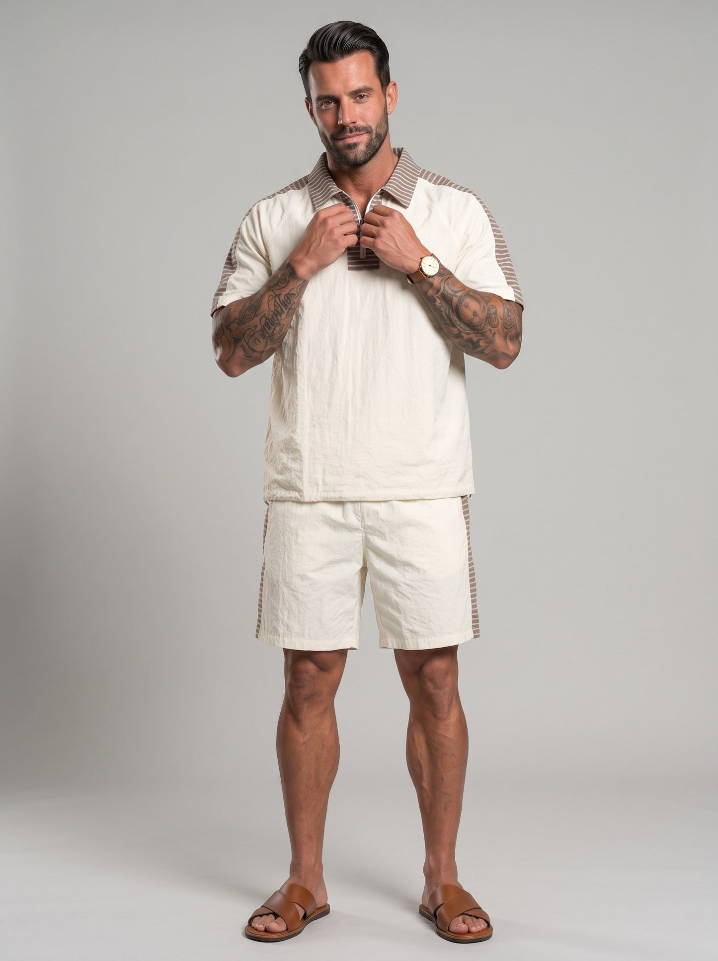 KZZ Color-block half-zip top and solid-color drawstring shorts