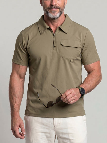 KZZ Men's Summer High-Stretch Knit Short-Sleeve Polo with Half-Zip Collar