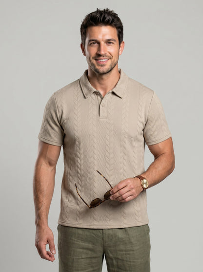 KZZ Men's Solid-Color Cable-Knit Short-Sleeve Polo Shirt