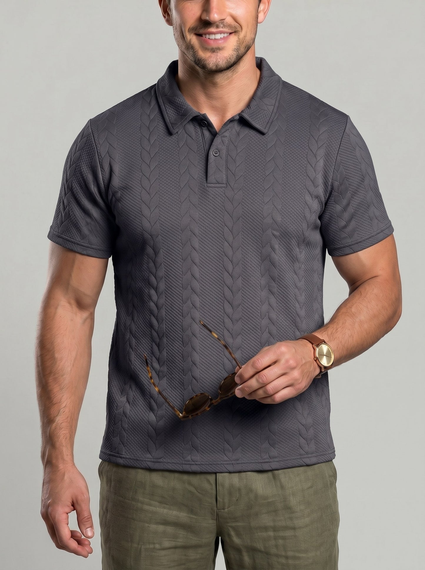 KZZ Men's Solid-Color Cable-Knit Short-Sleeve Polo Shirt