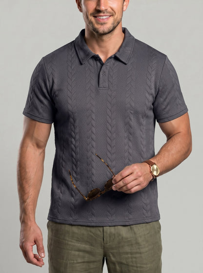 KZZ Men's Solid-Color Cable-Knit Short-Sleeve Polo Shirt