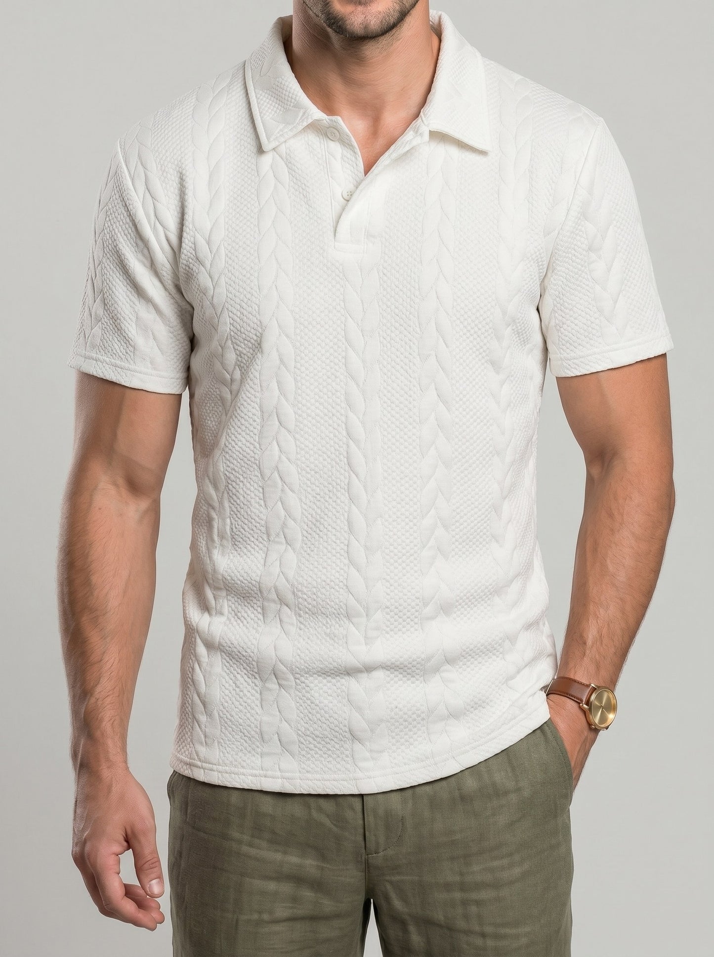 KZZ Men's Solid-Color Cable-Knit Short-Sleeve Polo Shirt