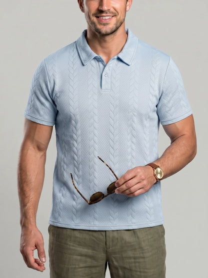 KZZ Men's Solid-Color Cable-Knit Short-Sleeve Polo Shirt