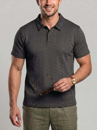 KZZ Men's Solid-Color Cable-Knit Short-Sleeve Polo Shirt
