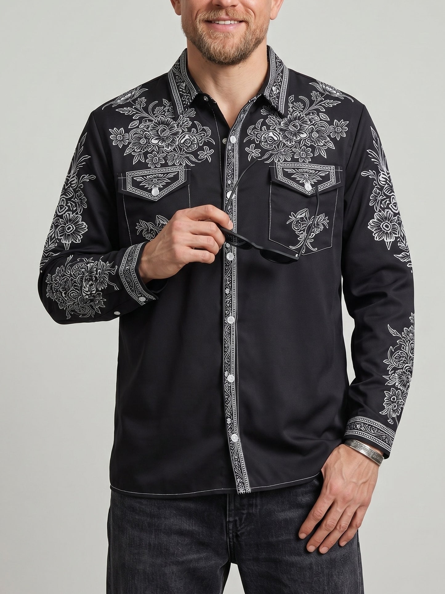KZZ Men's Vintage Western Long-Sleeve Shirt