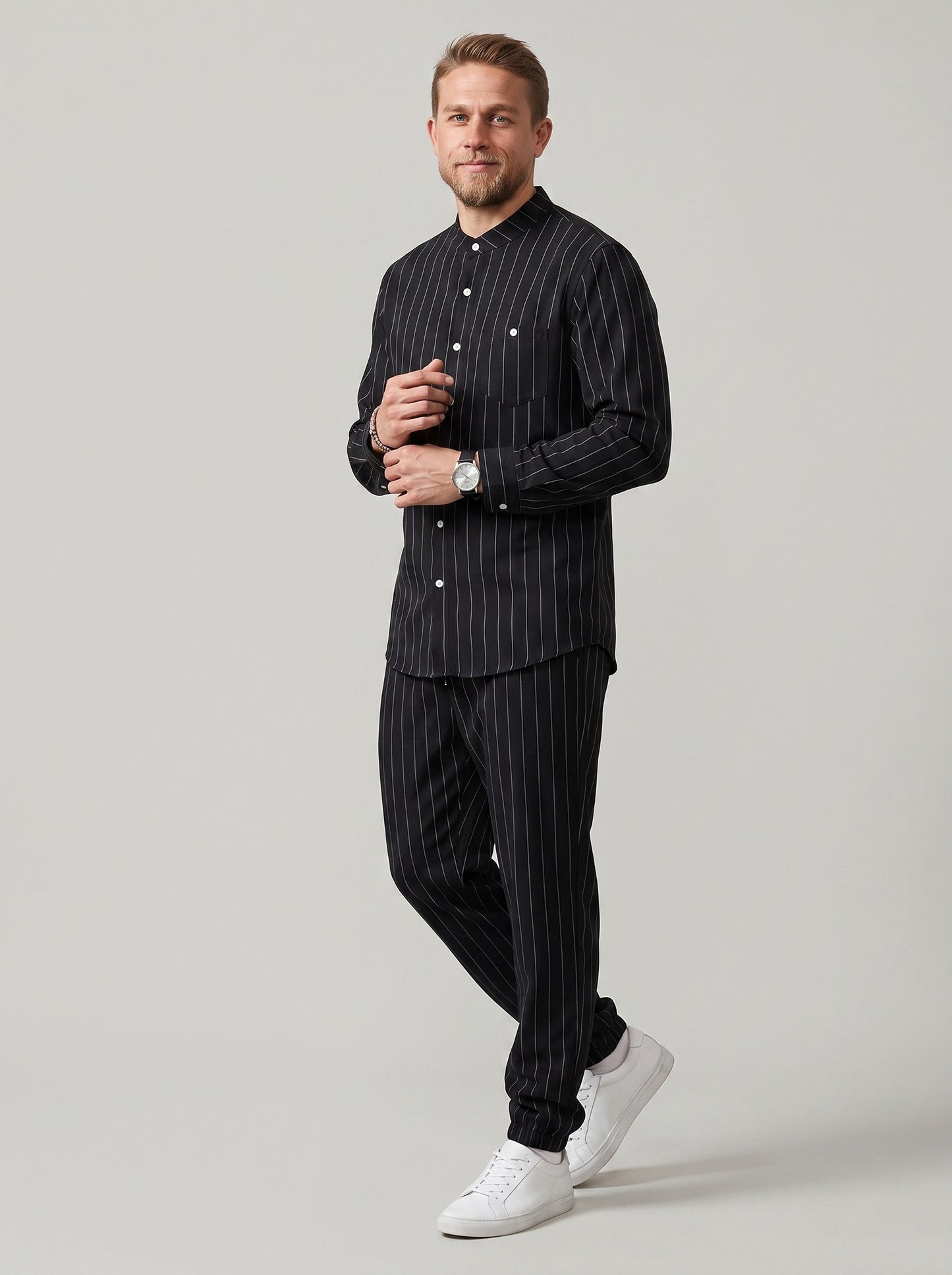 KZZ Men's striped long-sleeve shirt with a stand-up collar and trousers