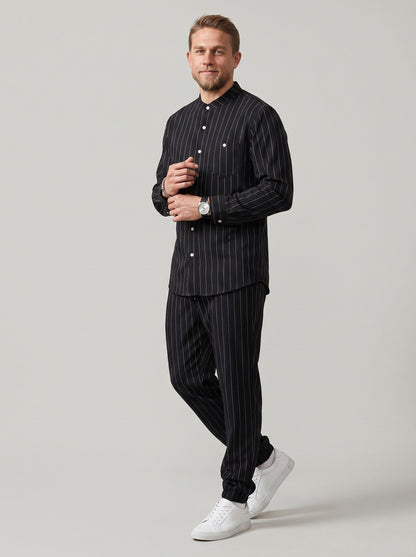 KZZ Men's striped long-sleeve shirt with a stand-up collar and trousers