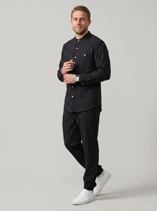 KZZ Men's striped long-sleeve shirt with a stand-up collar and trousers