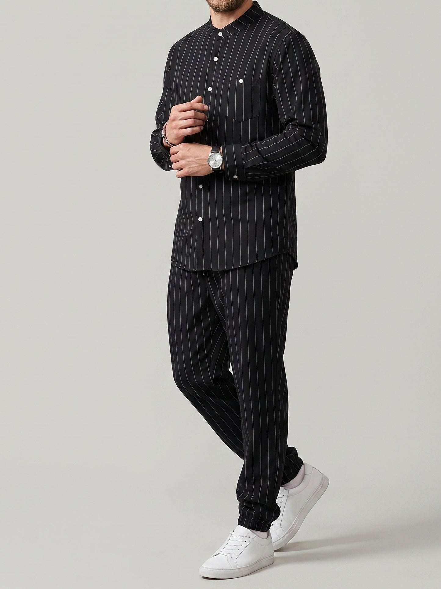 KZZ Men's striped long-sleeve shirt with a stand-up collar and trousers