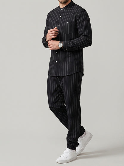 KZZ Men's striped long-sleeve shirt with a stand-up collar and trousers