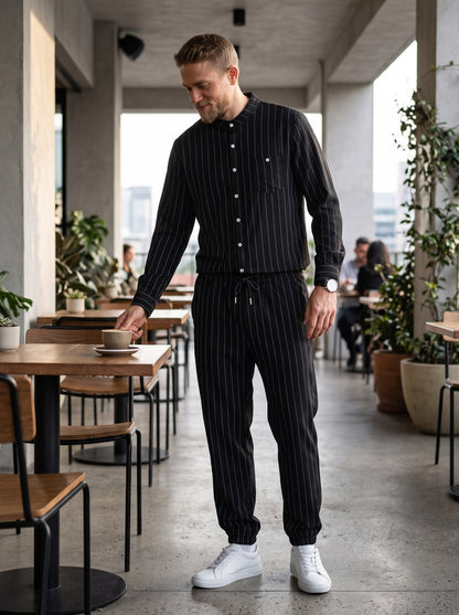 KZZ Men's striped long-sleeve shirt with a stand-up collar and trousers