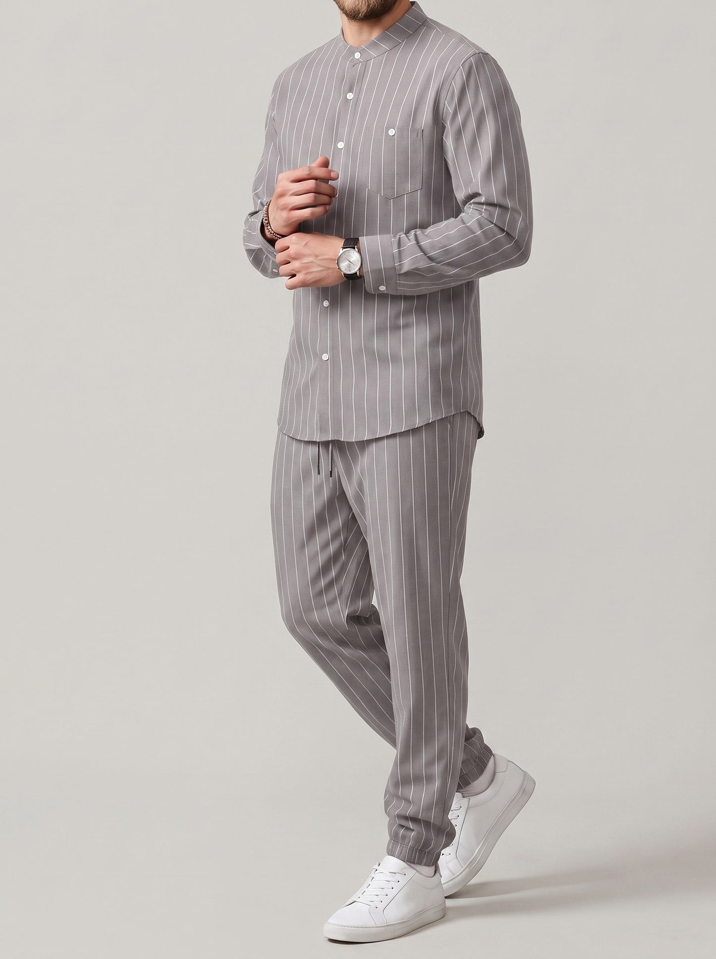 KZZ Men's striped long-sleeve shirt with a stand-up collar and trousers