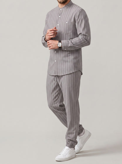 KZZ Men's striped long-sleeve shirt with a stand-up collar and trousers