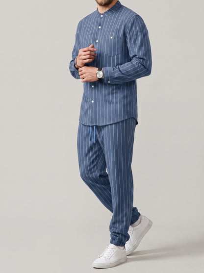 KZZ Men's striped long-sleeve shirt with a stand-up collar and trousers