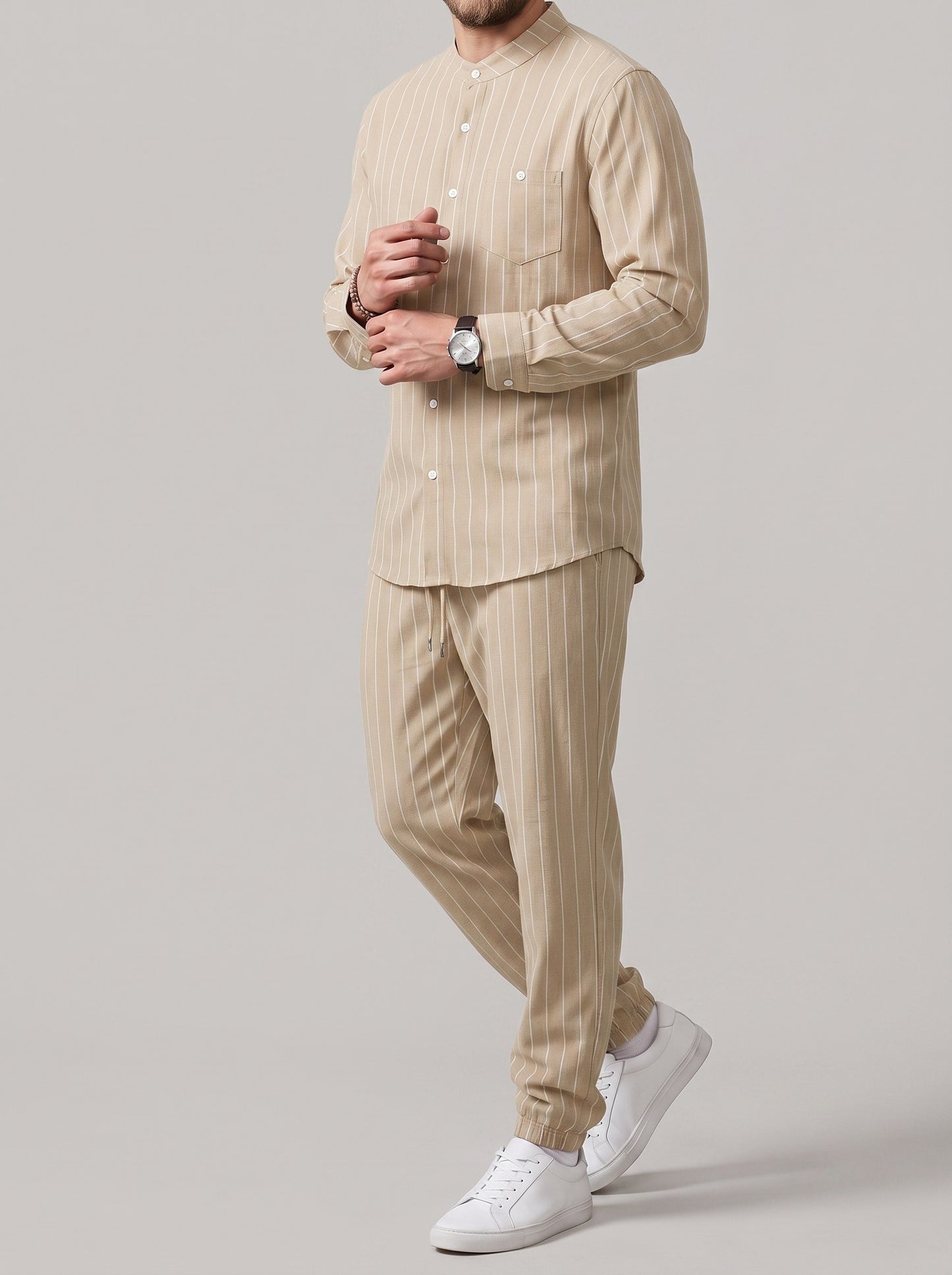 KZZ Men's striped long-sleeve shirt with a stand-up collar and trousers