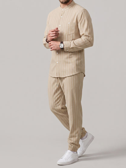 KZZ Men's striped long-sleeve shirt with a stand-up collar and trousers