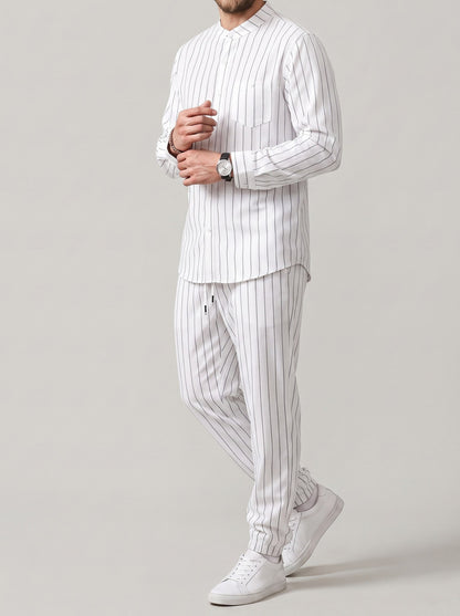 KZZ Men's striped long-sleeve shirt with a stand-up collar and trousers