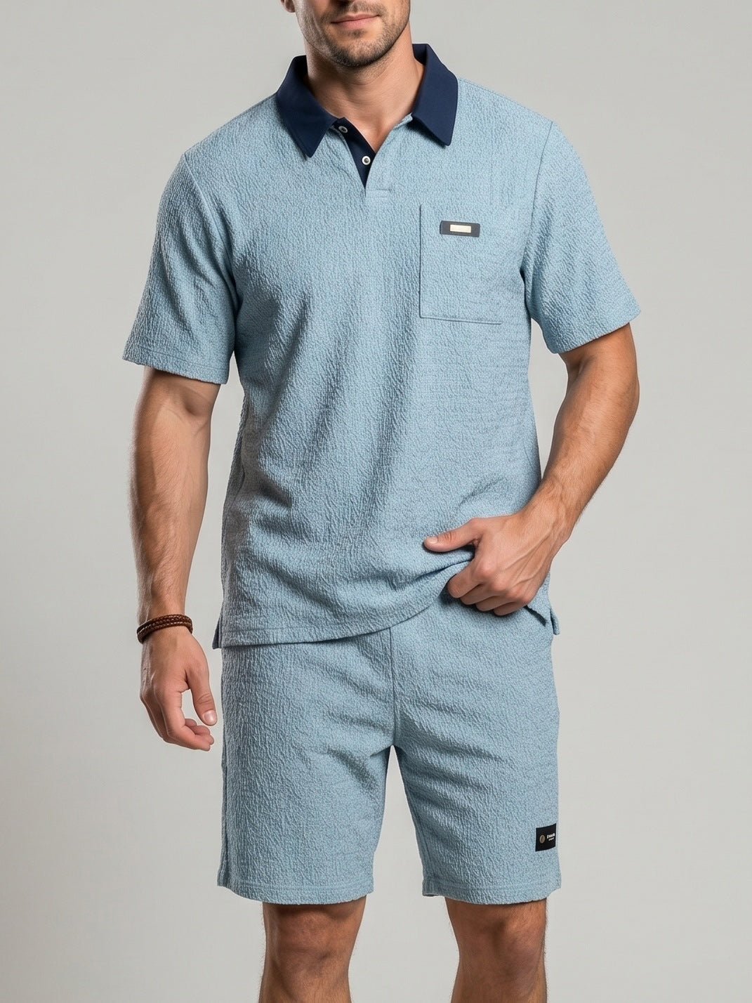 KZZ Men's Summer Color-Block Short-Sleeve Polo Shirt and Elastic-Waist Shorts