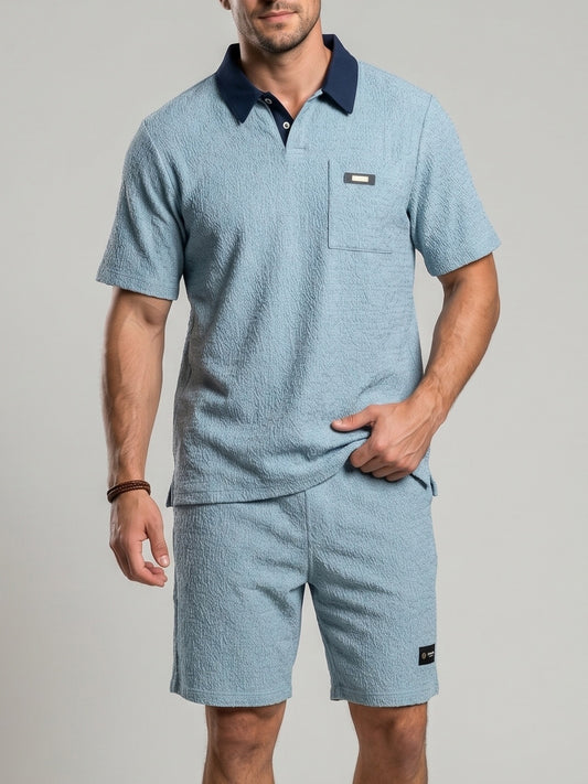 KZZ Men's Summer Color-Block Short-Sleeve Polo Shirt and Elastic-Waist Shorts