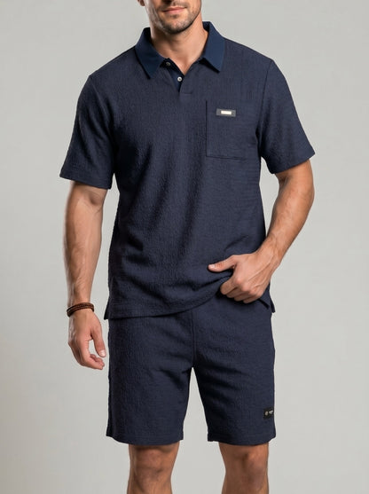 KZZ Men's Summer Color-Block Short-Sleeve Polo Shirt and Elastic-Waist Shorts