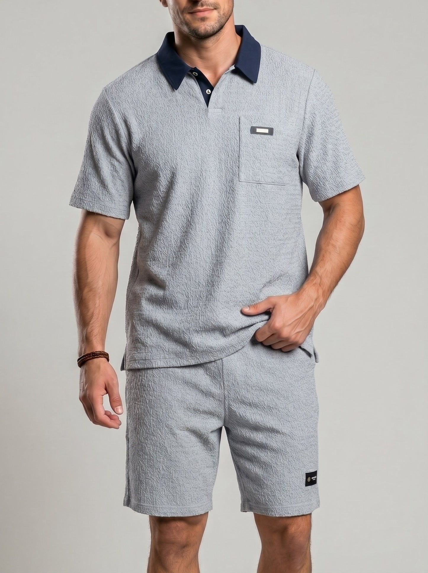 KZZ Men's Summer Color-Block Short-Sleeve Polo Shirt and Elastic-Waist Shorts
