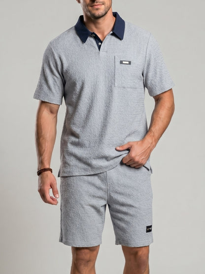 KZZ Men's Summer Color-Block Short-Sleeve Polo Shirt and Elastic-Waist Shorts