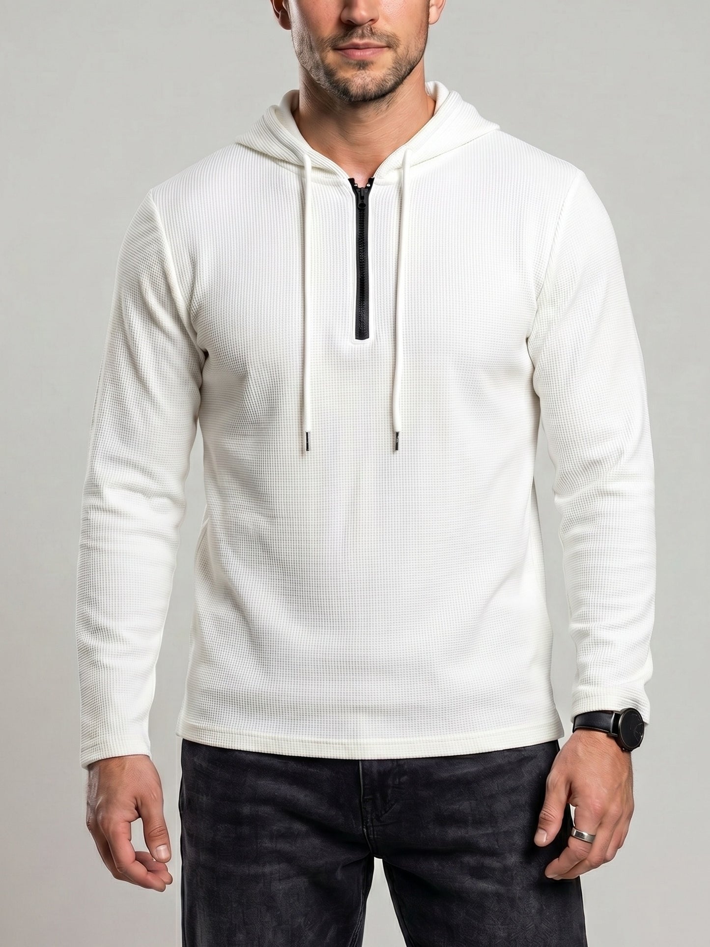 KZZ Men's Classic Solid-Color Waffle-Knit Half-Zip Hoodie