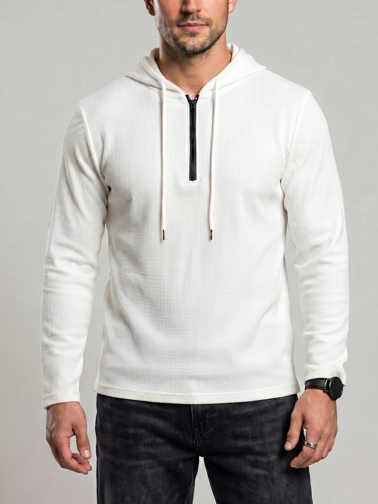 KZZ Men's Classic Solid-Color Waffle-Knit Half-Zip Hoodie