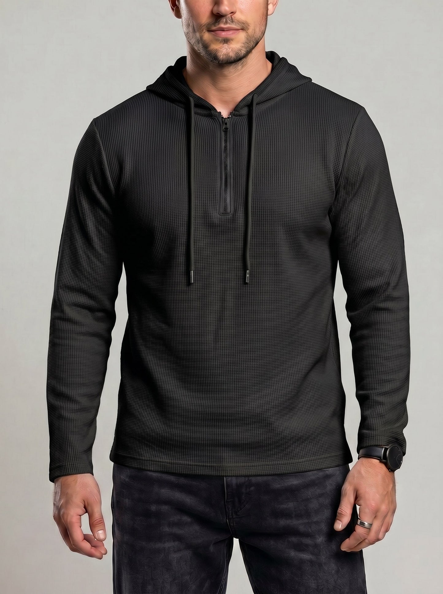 KZZ Men's Classic Solid-Color Waffle-Knit Half-Zip Hoodie