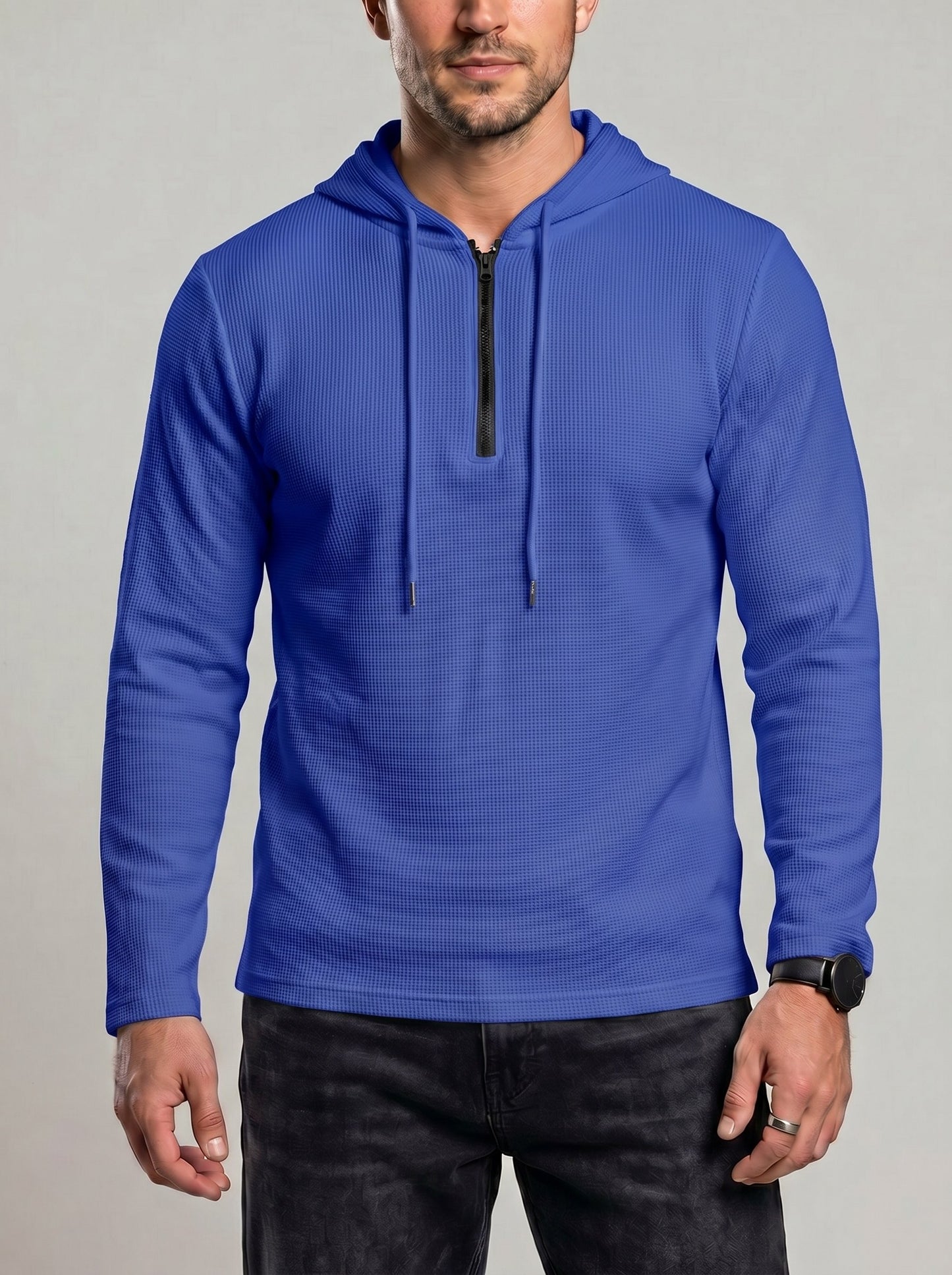 KZZ Men's Classic Solid-Color Waffle-Knit Half-Zip Hoodie