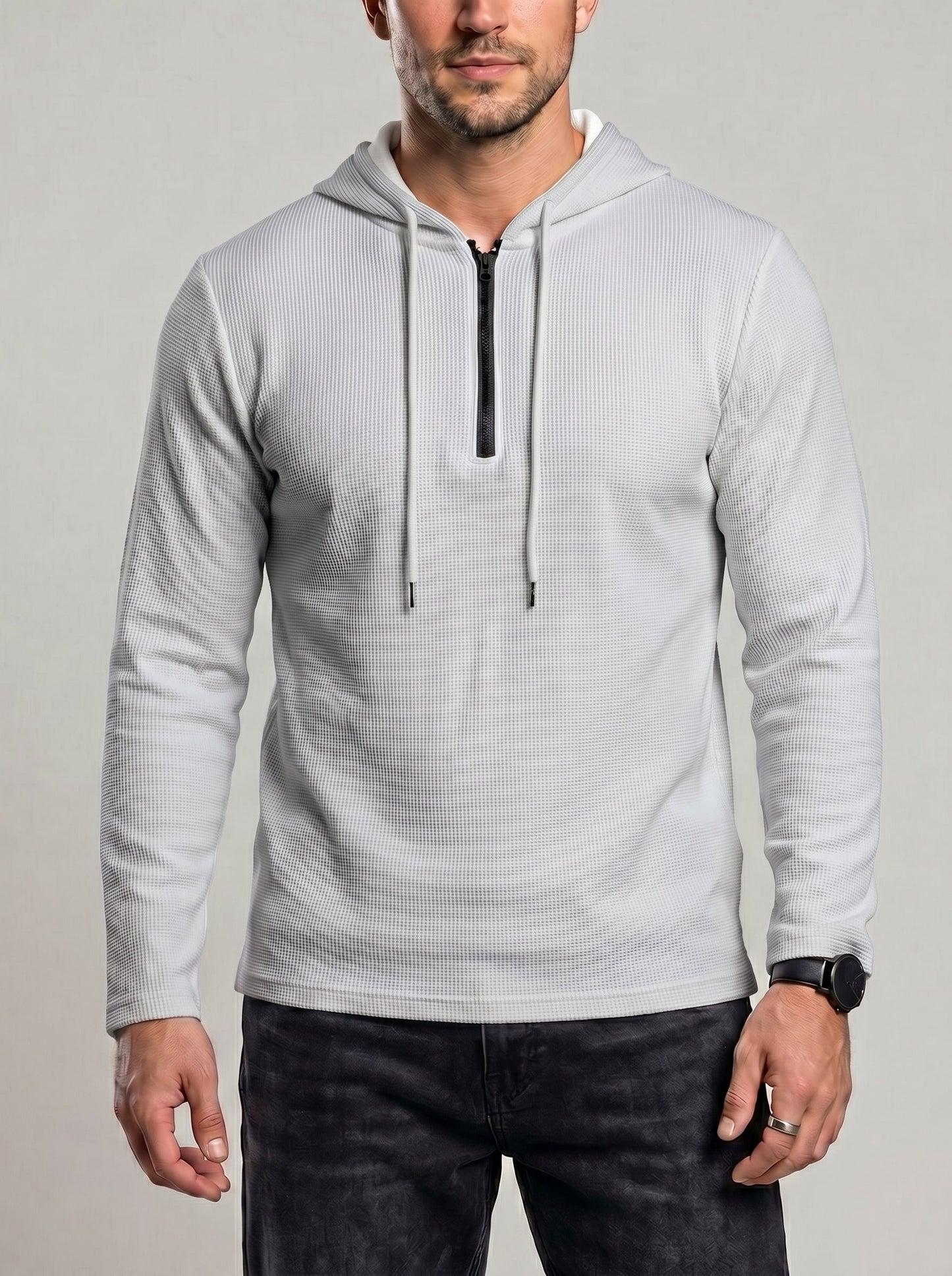 KZZ Men's Classic Solid-Color Waffle-Knit Half-Zip Hoodie
