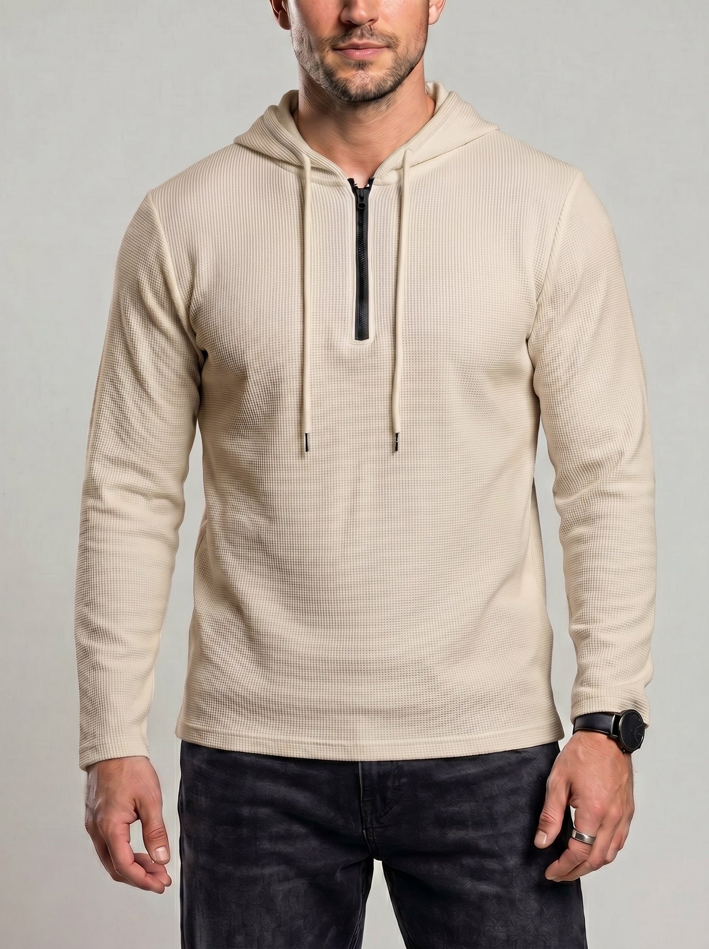 KZZ Men's Classic Solid-Color Waffle-Knit Half-Zip Hoodie