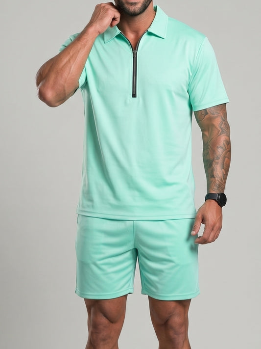 KZZ Collarless half-zip short-sleeve top and elastic-waist shorts