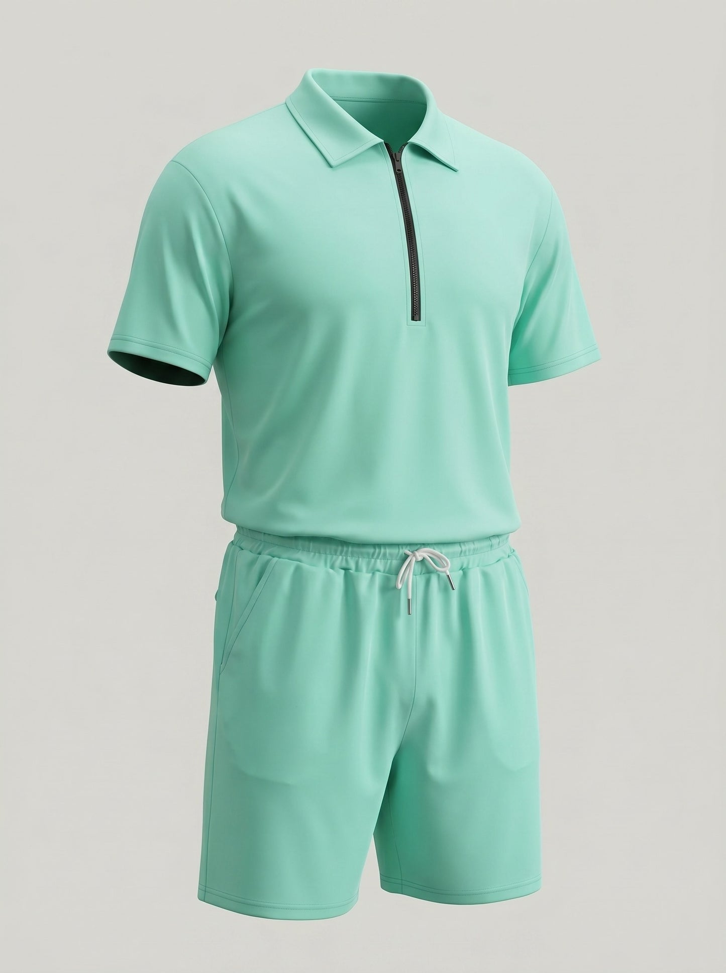 KZZ Collarless half-zip short-sleeve top and elastic-waist shorts