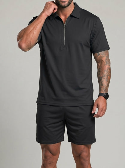 KZZ Collarless half-zip short-sleeve top and elastic-waist shorts