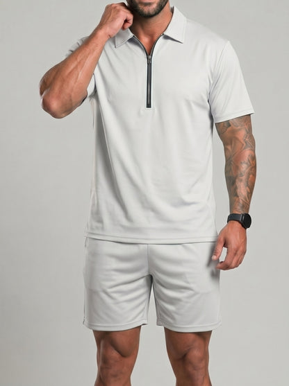 KZZ Collarless half-zip short-sleeve top and elastic-waist shorts