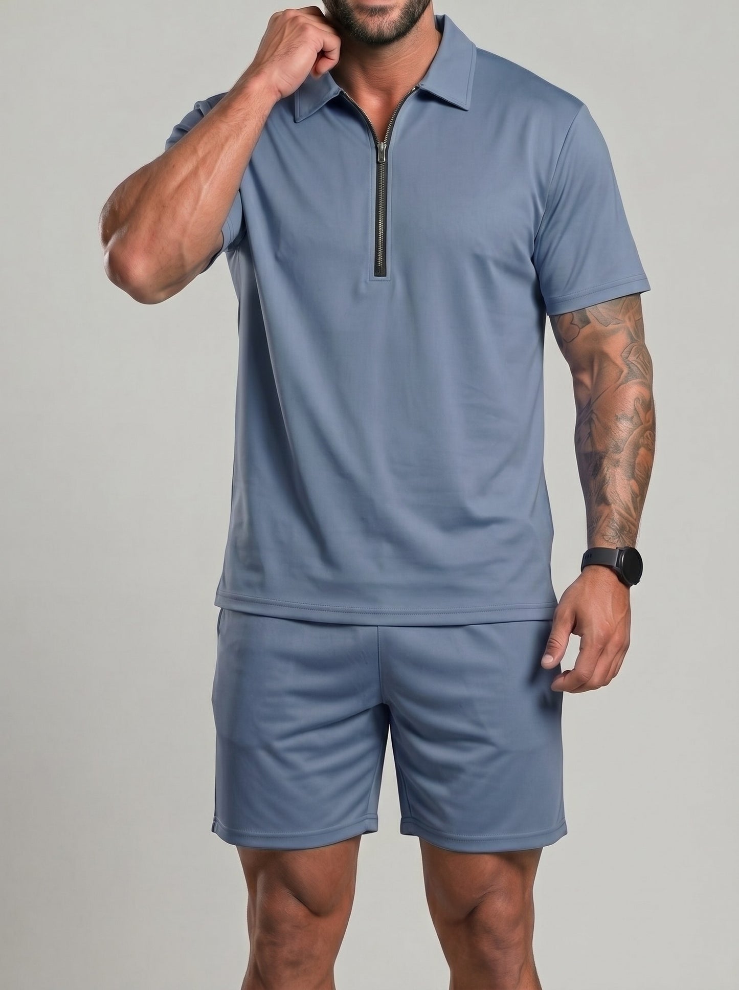 KZZ Collarless half-zip short-sleeve top and elastic-waist shorts