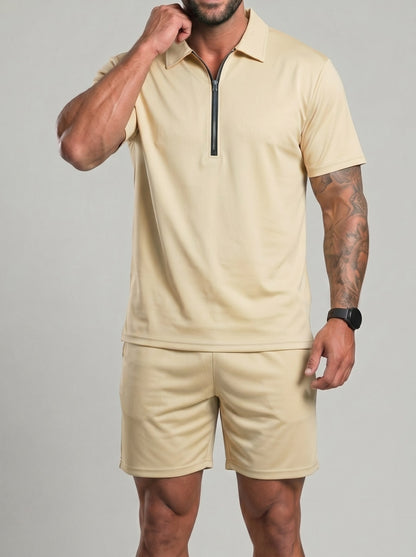 KZZ Collarless half-zip short-sleeve top and elastic-waist shorts