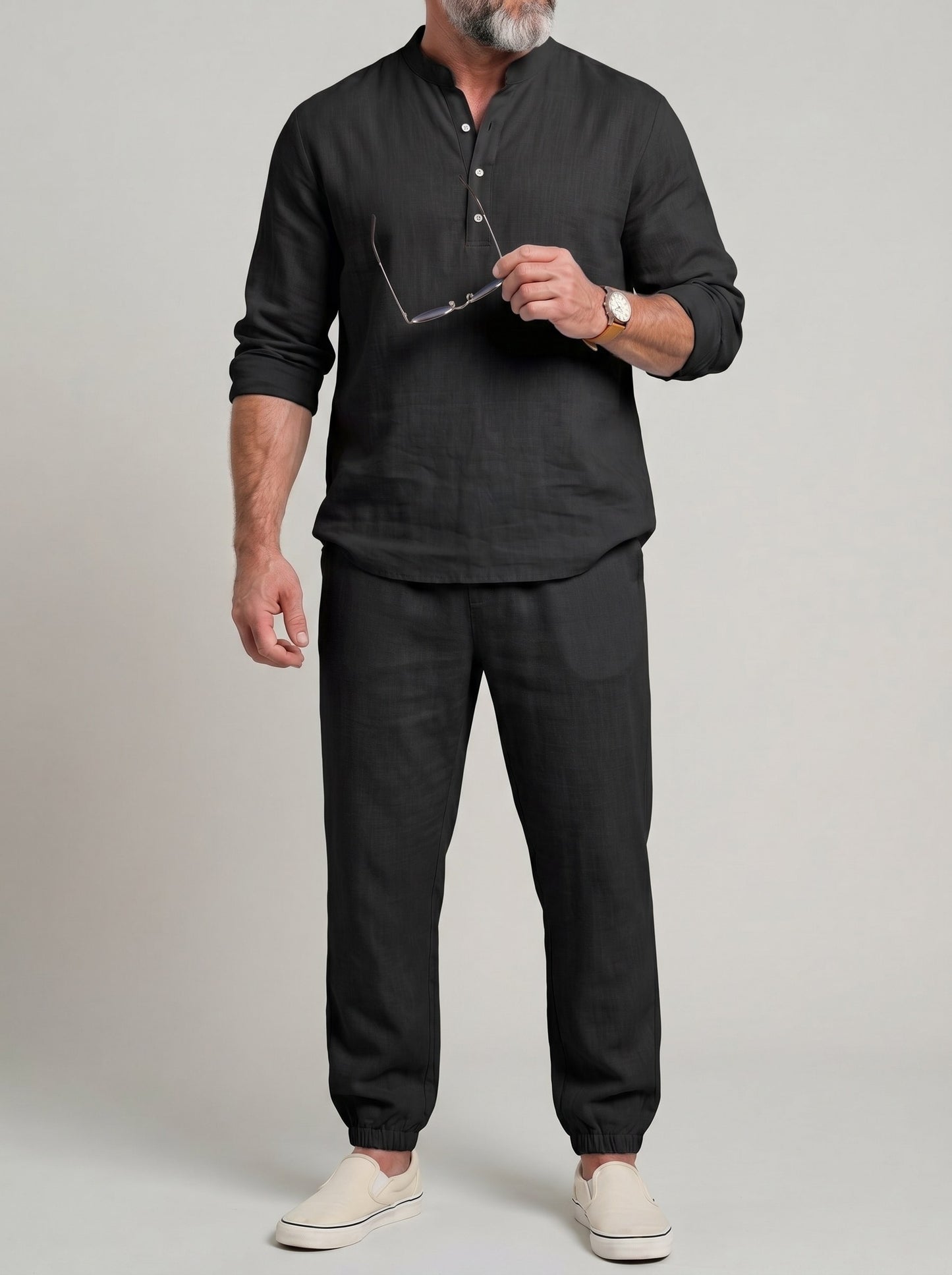 KZZ Men's solid-color linen set