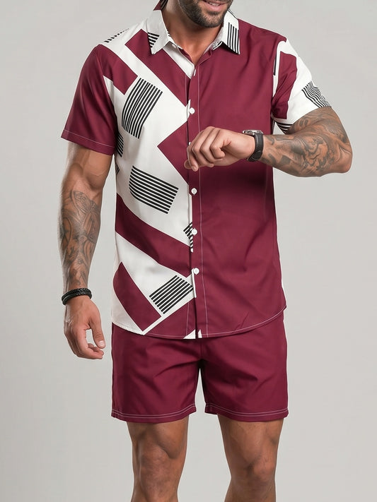 KZZ Men's Asymmetric Geometric Print Two-Piece Loungewear Set