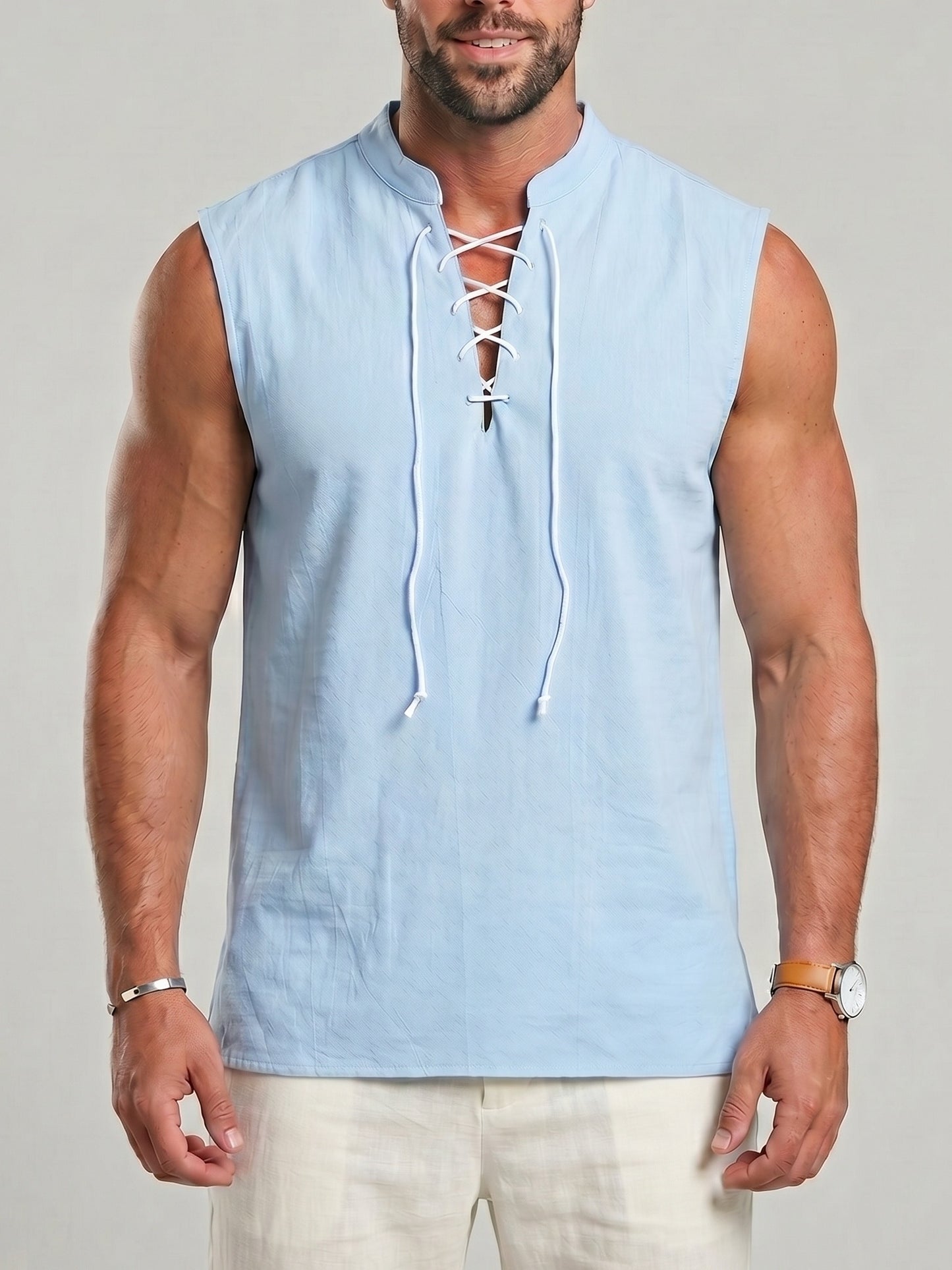 KZZ Men's Drawstring Linen Vest