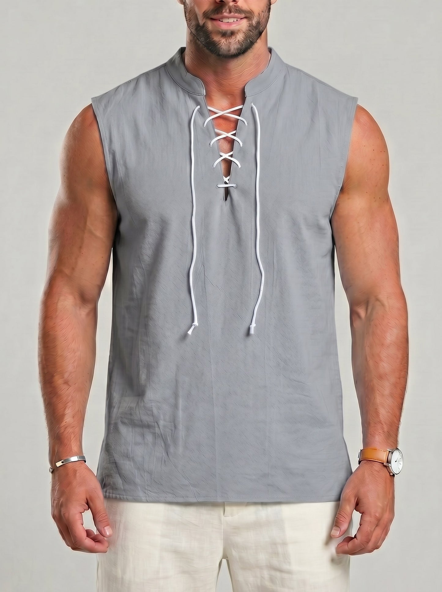 KZZ Men's Drawstring Linen Vest