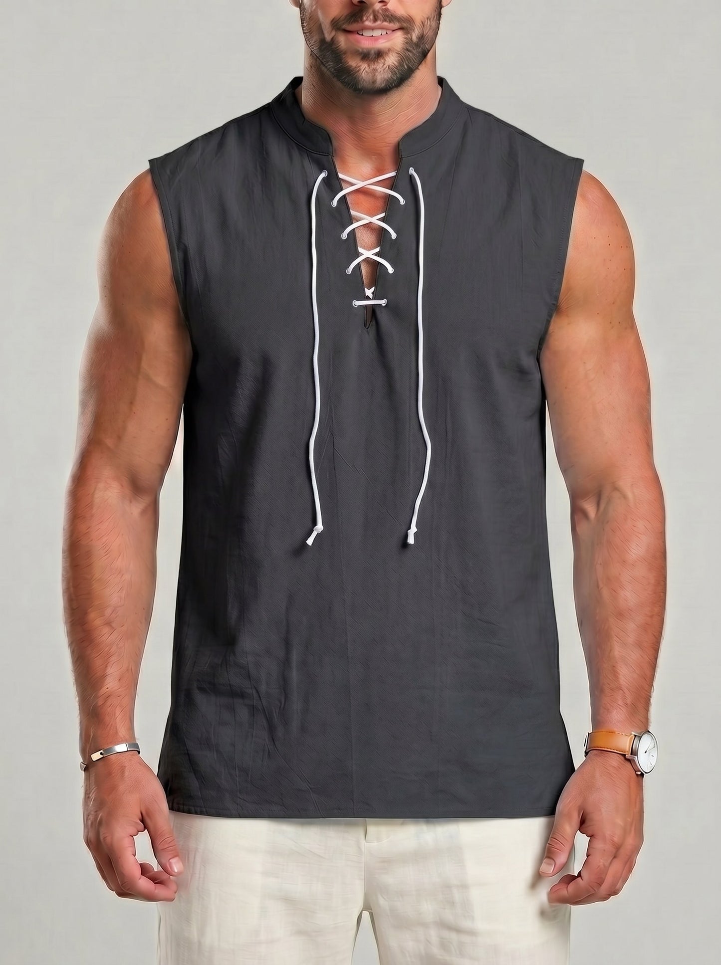 KZZ Men's Drawstring Linen Vest