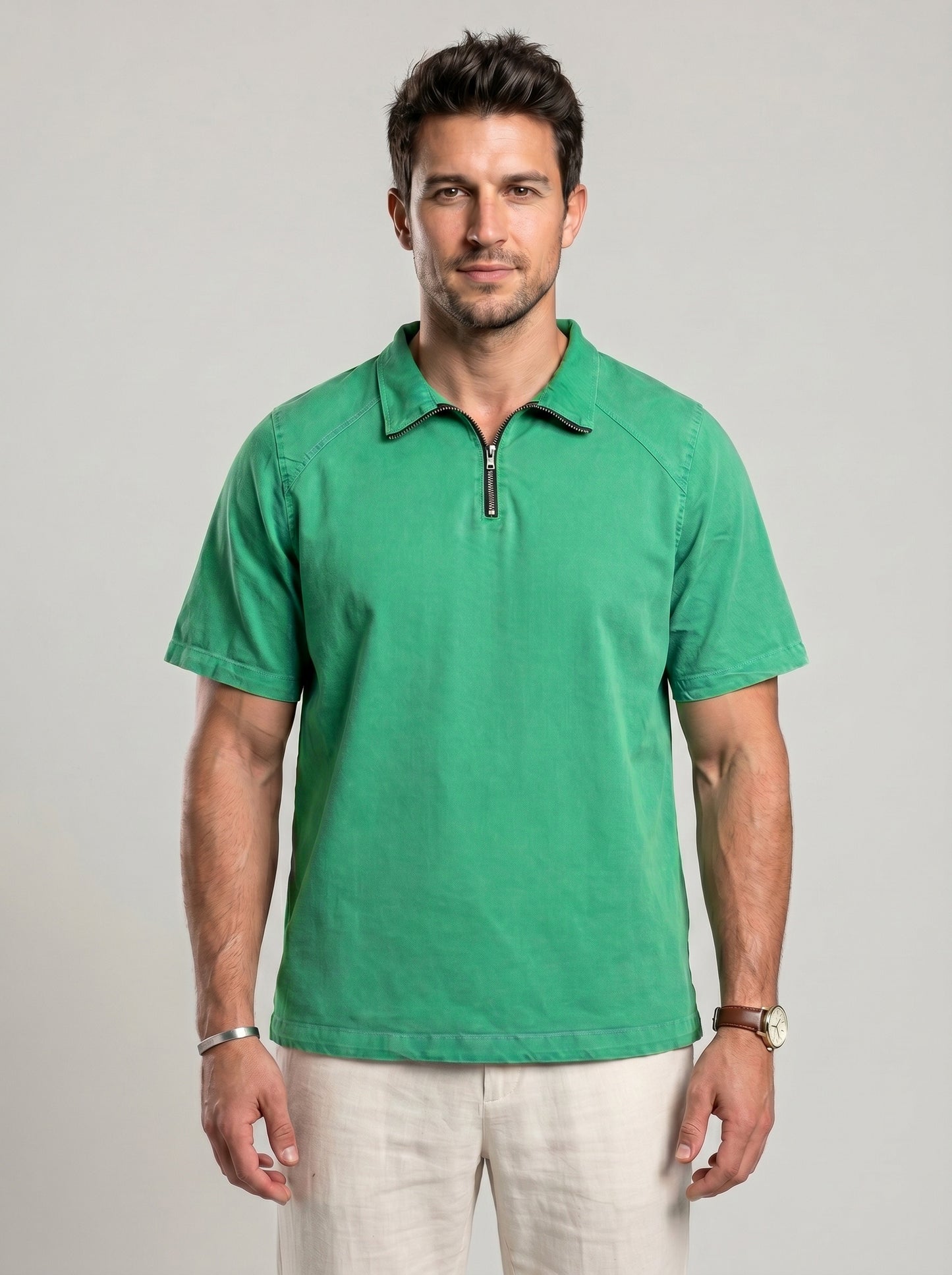 KZZ Men's Loose-Fit Pure Cotton Half-Zip Polo Shirt