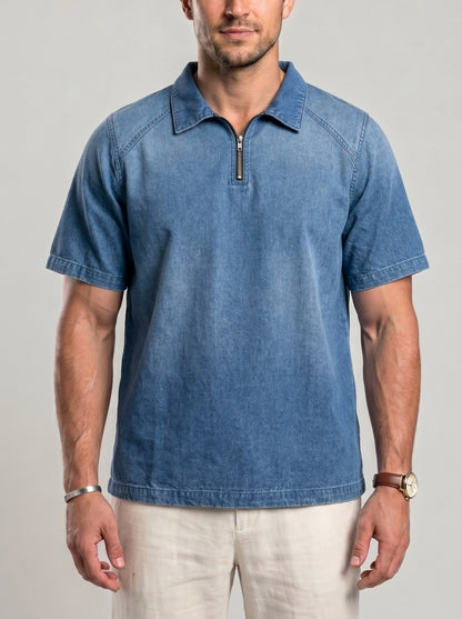 KZZ Men's Loose-Fit Pure Cotton Half-Zip Polo Shirt