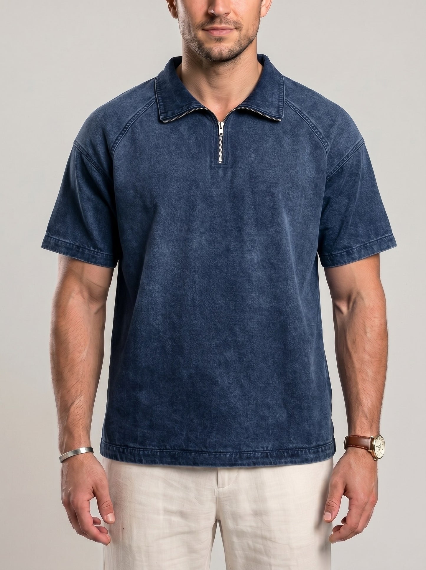 KZZ Men's Loose-Fit Pure Cotton Half-Zip Polo Shirt